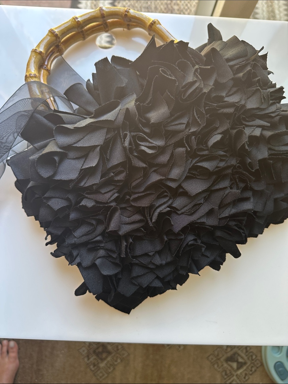 Braciano Black Ruffle Handbag with Bamboo Handles